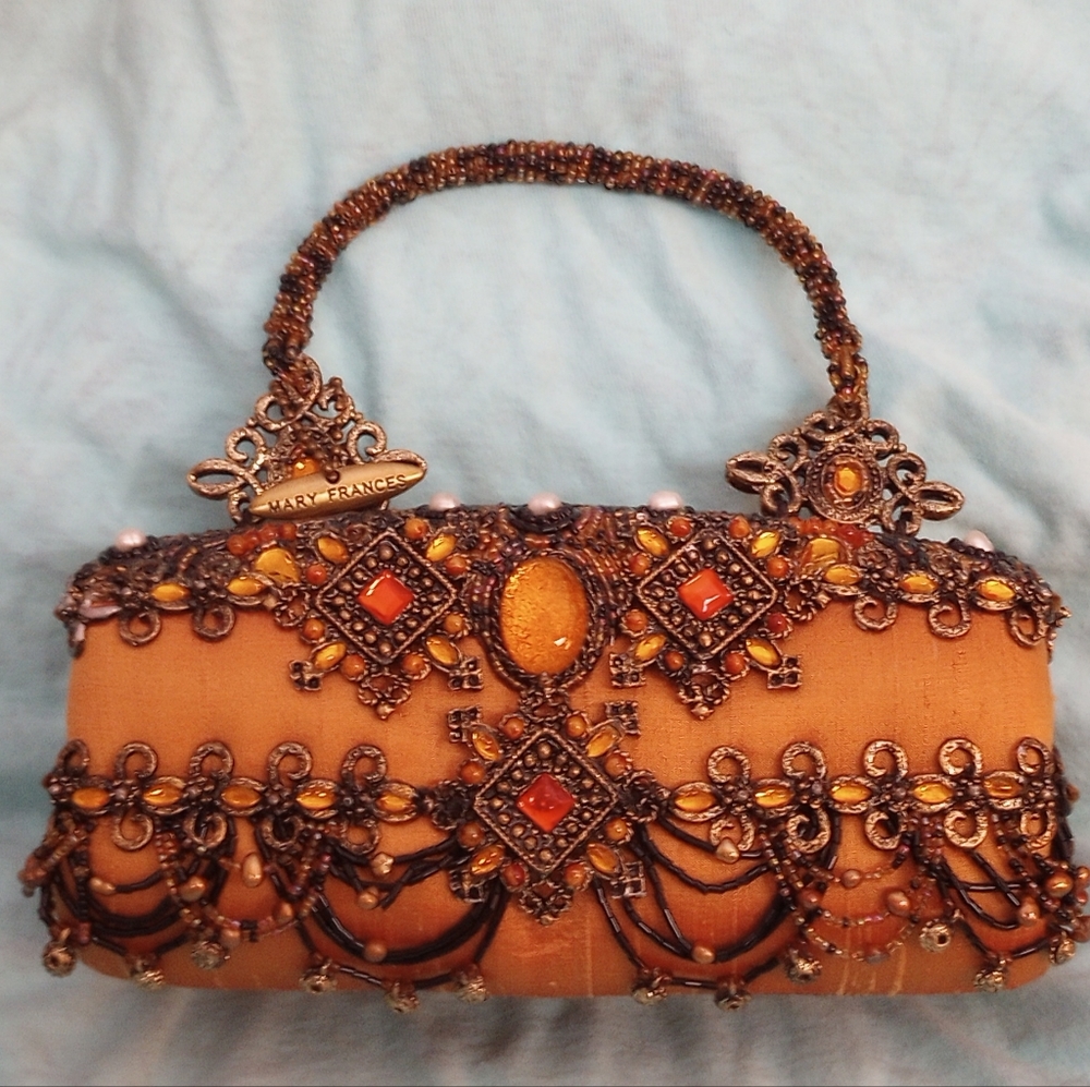 Vintage Mary Frances Silk Damask Beaded Bag, Top handle